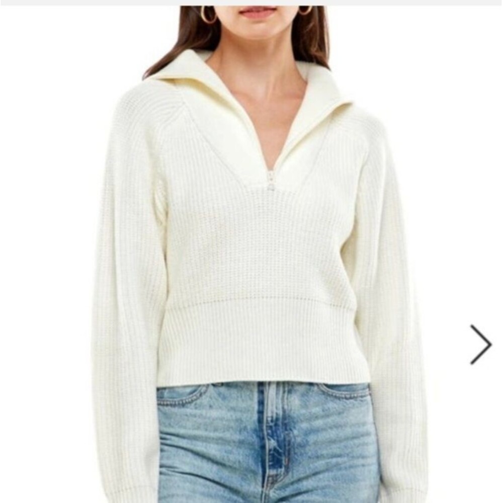 WAYF Cropped Quarter Zip Sweater Medium Ivory Ribbed Knit Neutral Quiet Luxury
